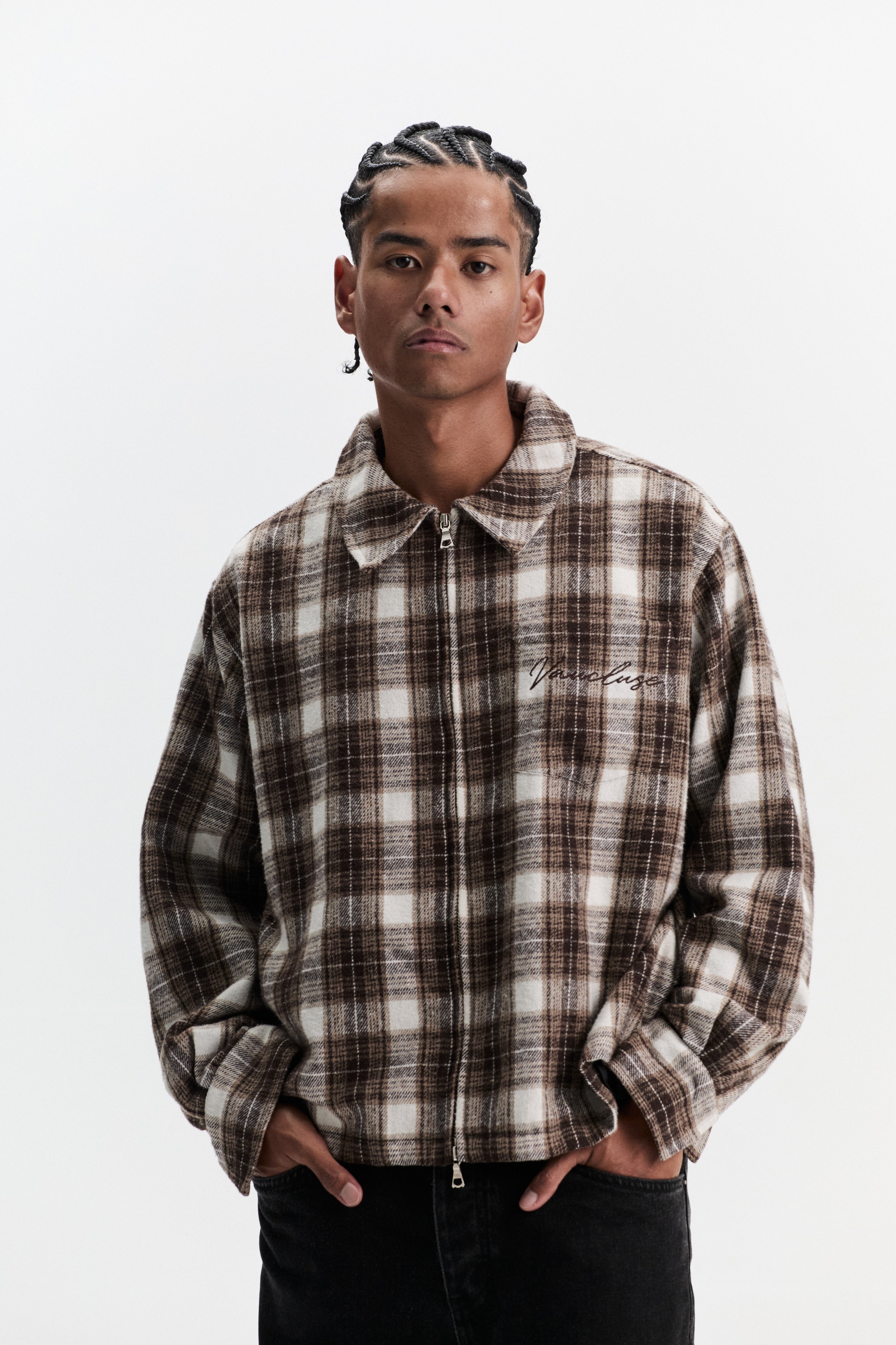 Quilted Flannel Over Shirt - White/Brown
