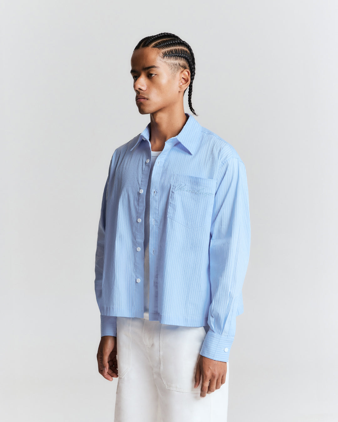 Striped Signature Long Sleeve Shirt - Powder Blue/White
