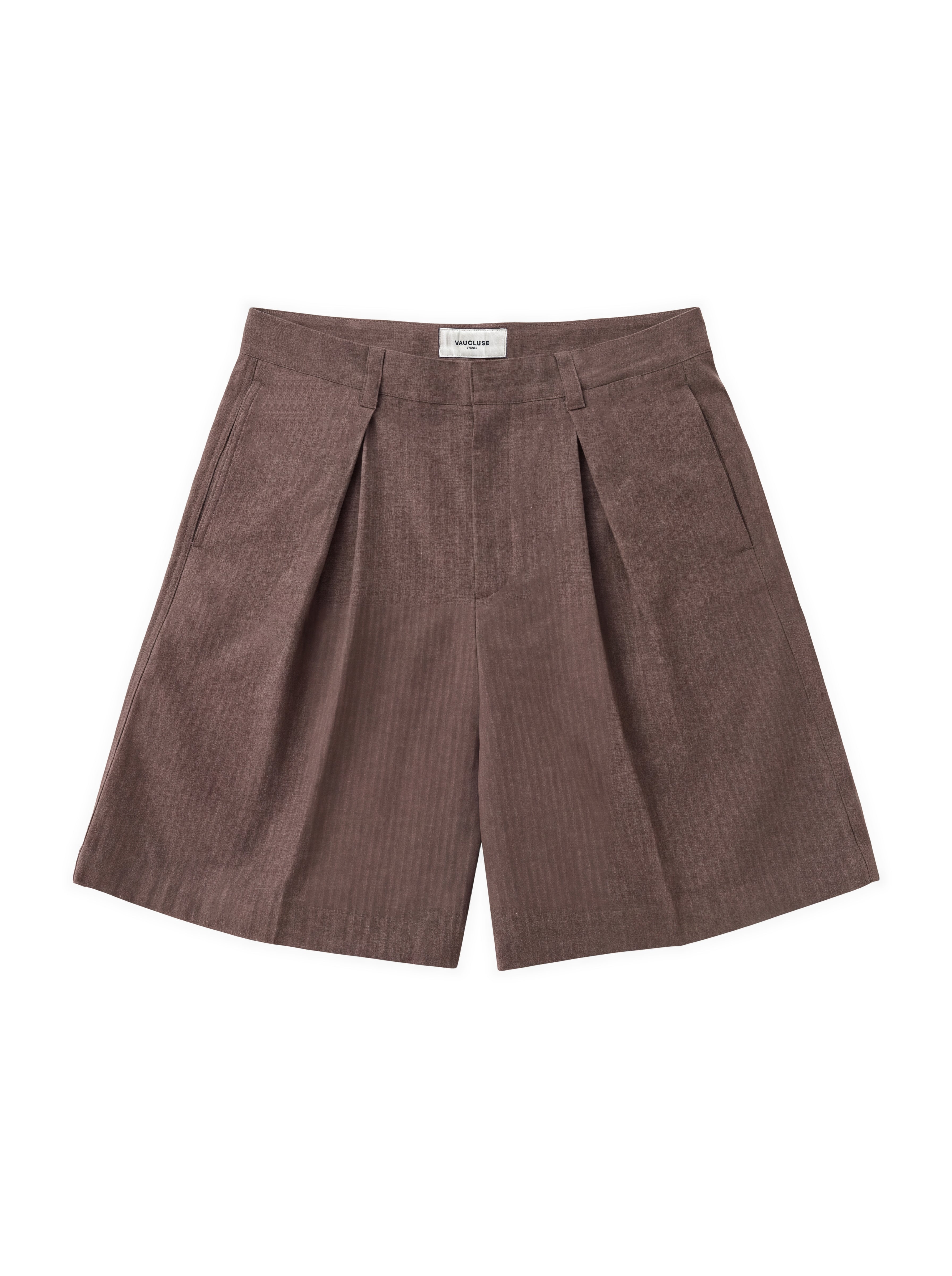 Tailored Double Pleated Shorts - Brown