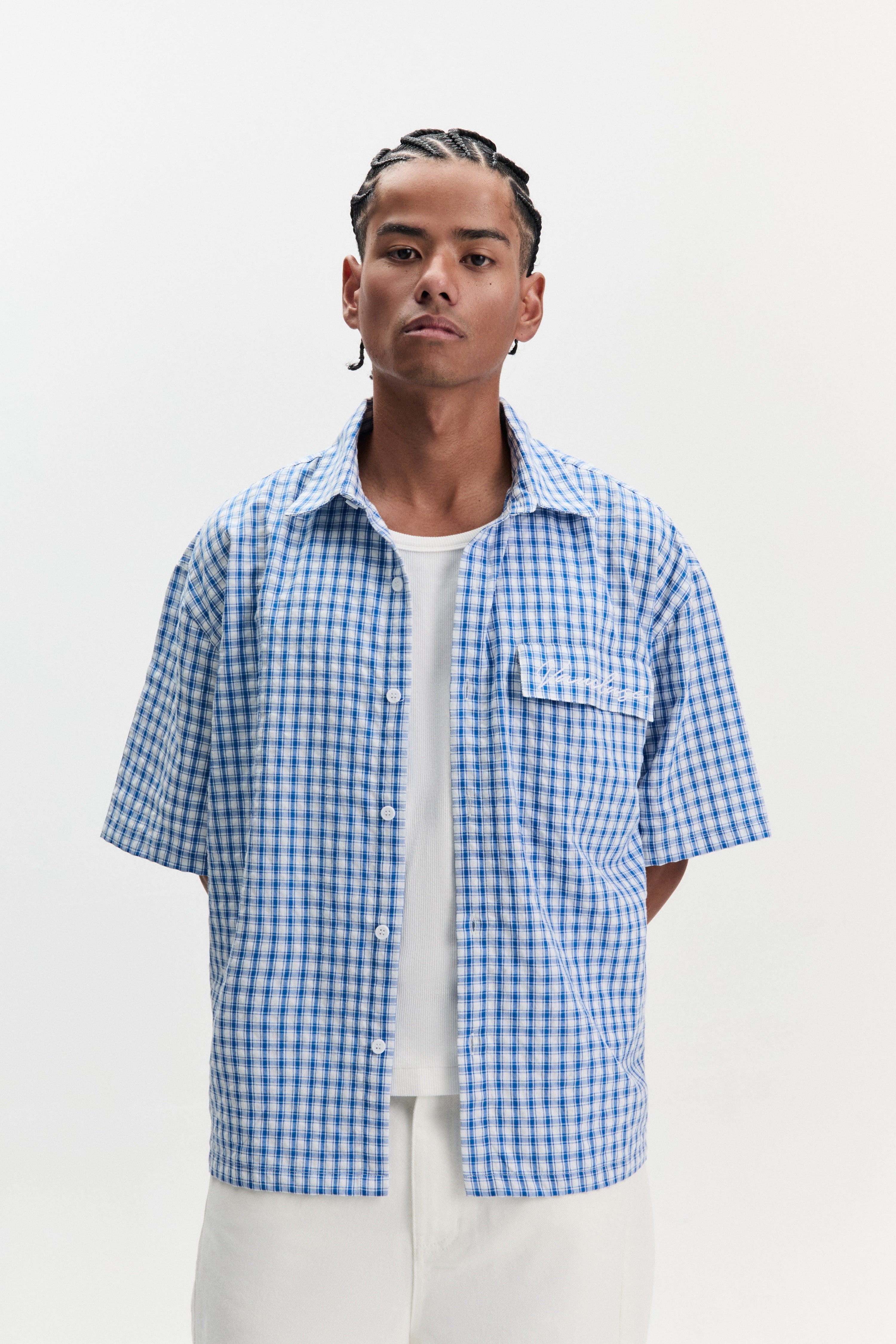 Checkered Signature Short Sleeve Shirt - White/Blue