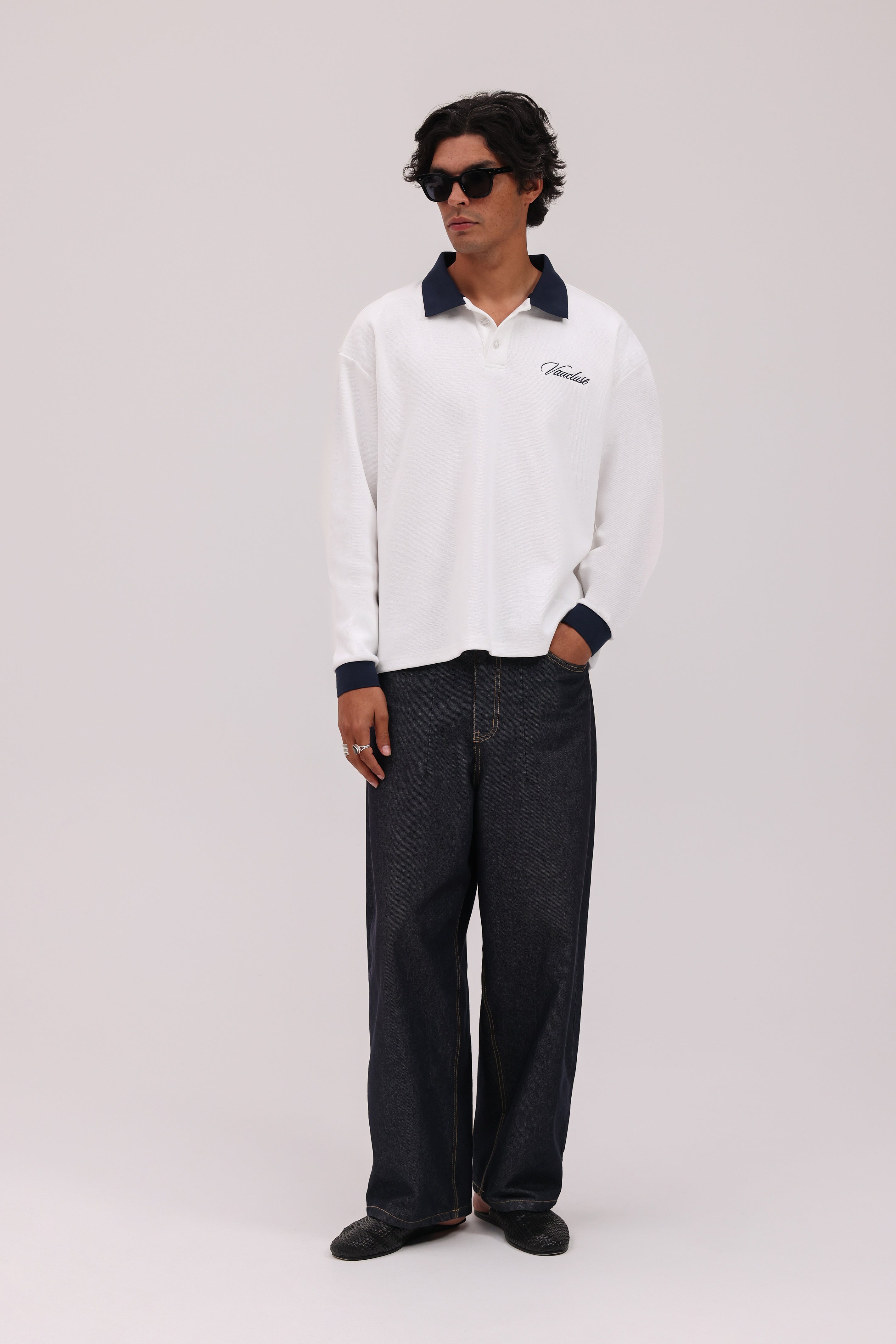 Signature Long Sleeve Polo Shirt - White/Navy