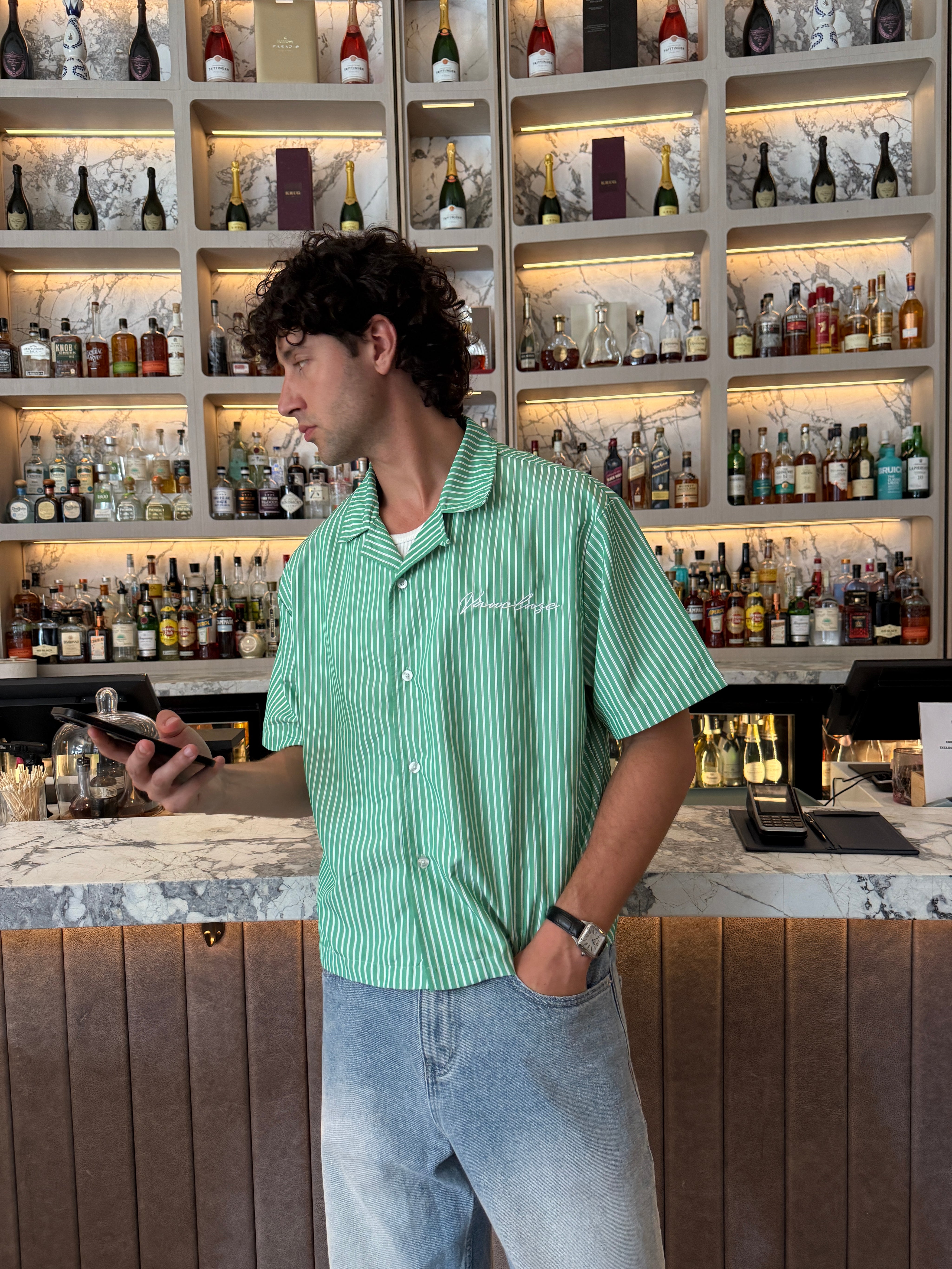 Striped Signature Short Sleeve Shirt - Green/White