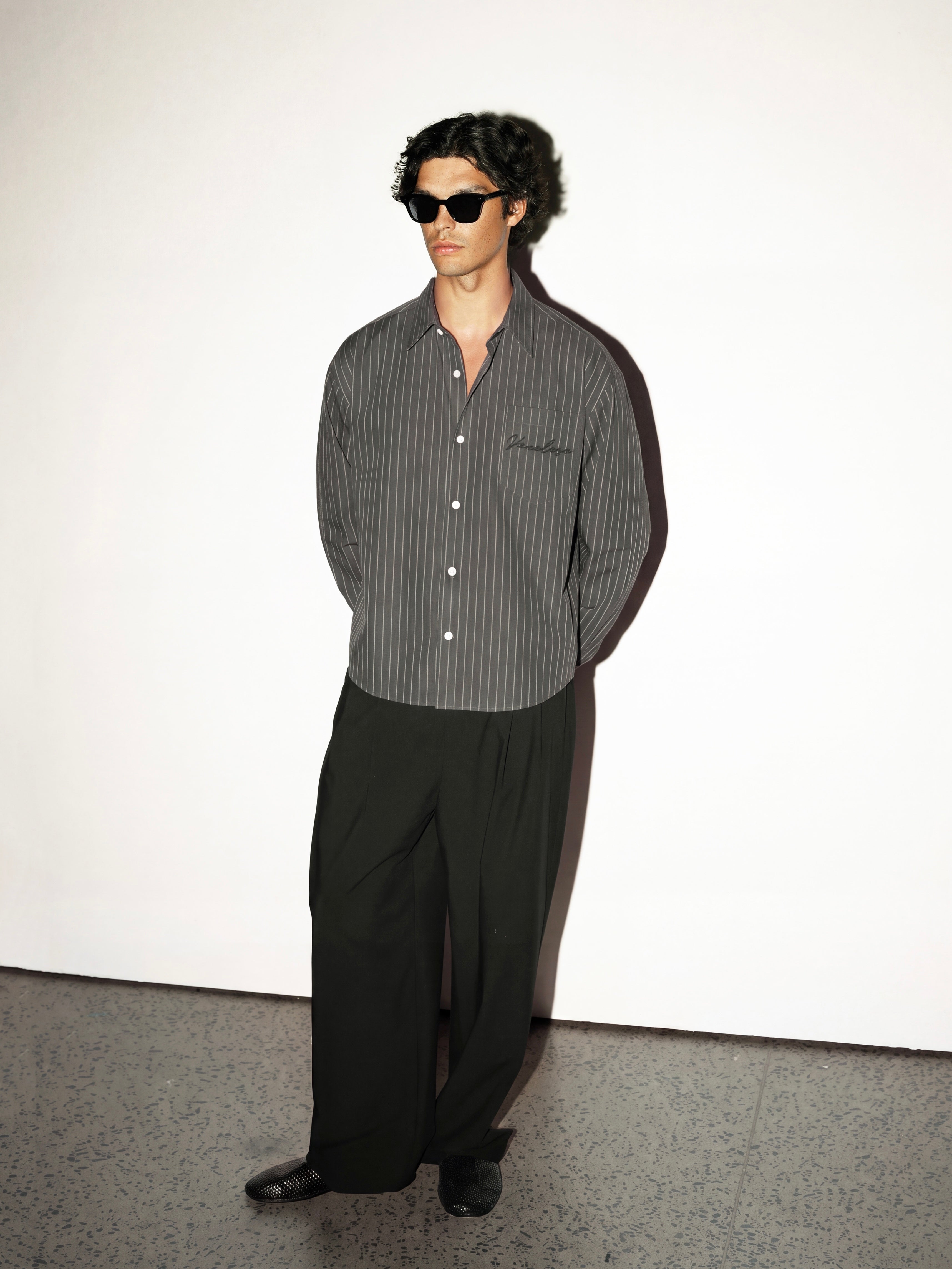 Pinstriped Signature Long Sleeve Shirt - Charcoal/White