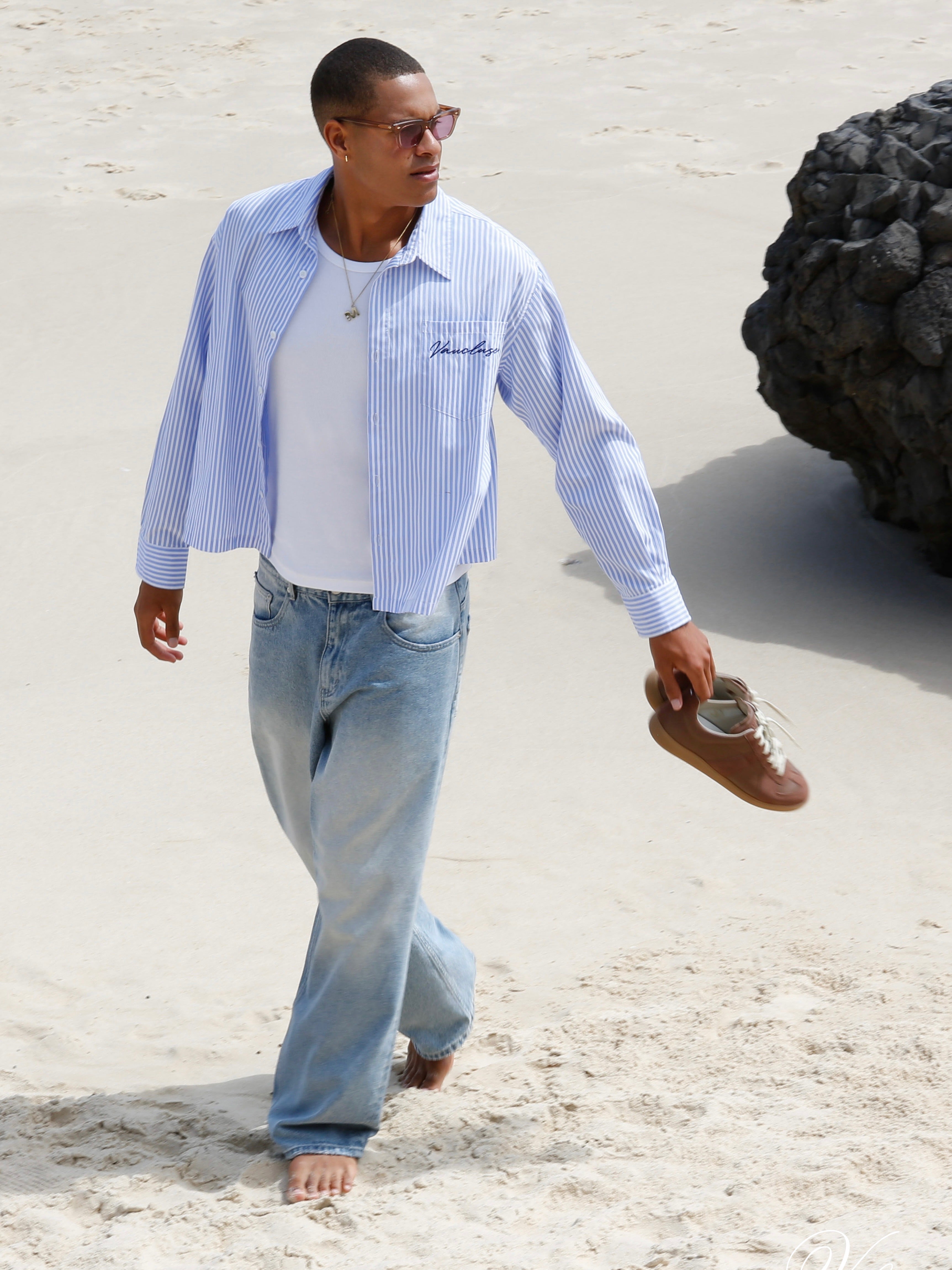 Striped Signature Long Sleeve Shirt - White/Dark Blue