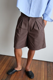 Tailored Double Pleated Shorts - Brown