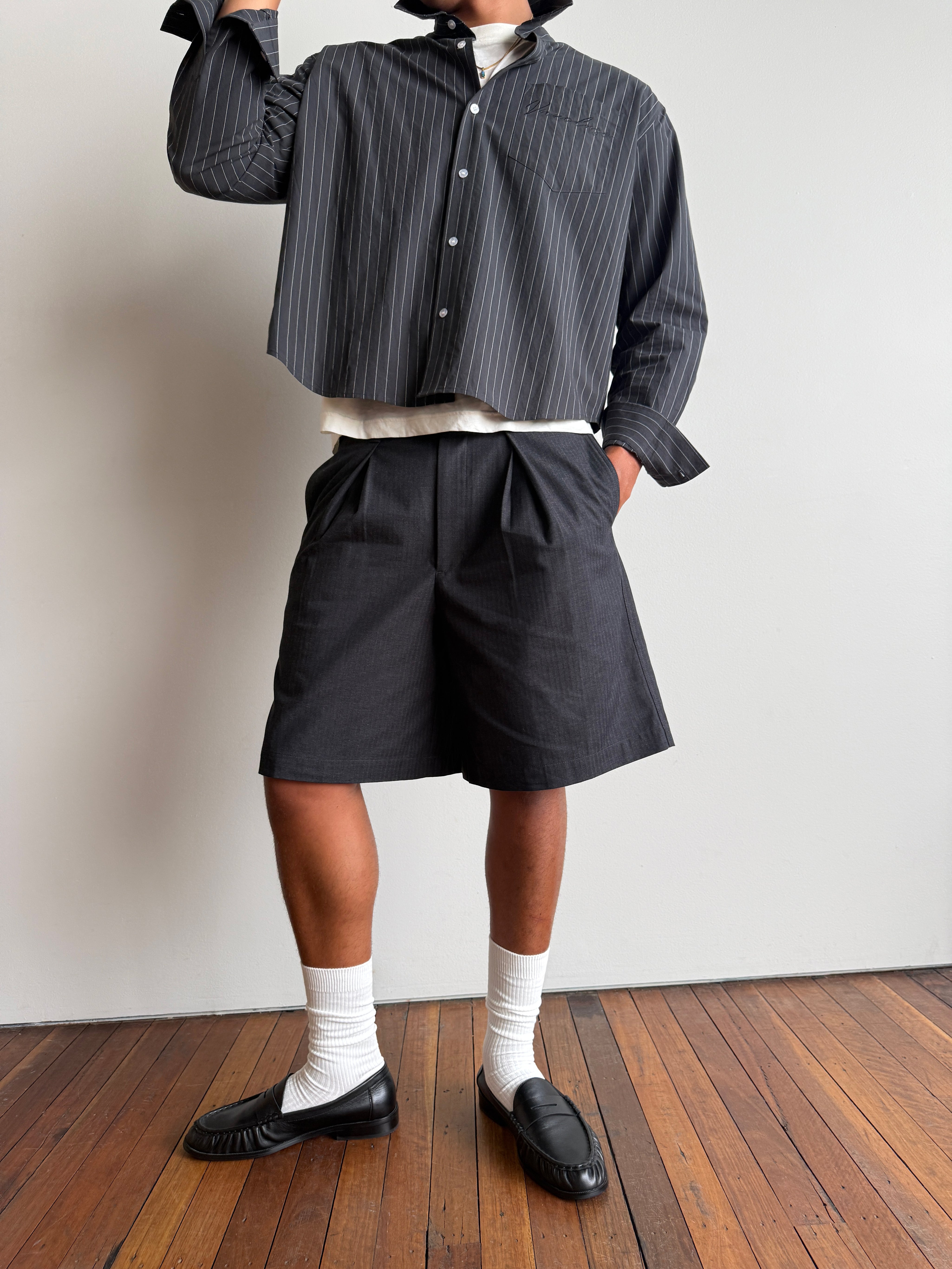 Tailored Double Pleated Shorts - Charcoal