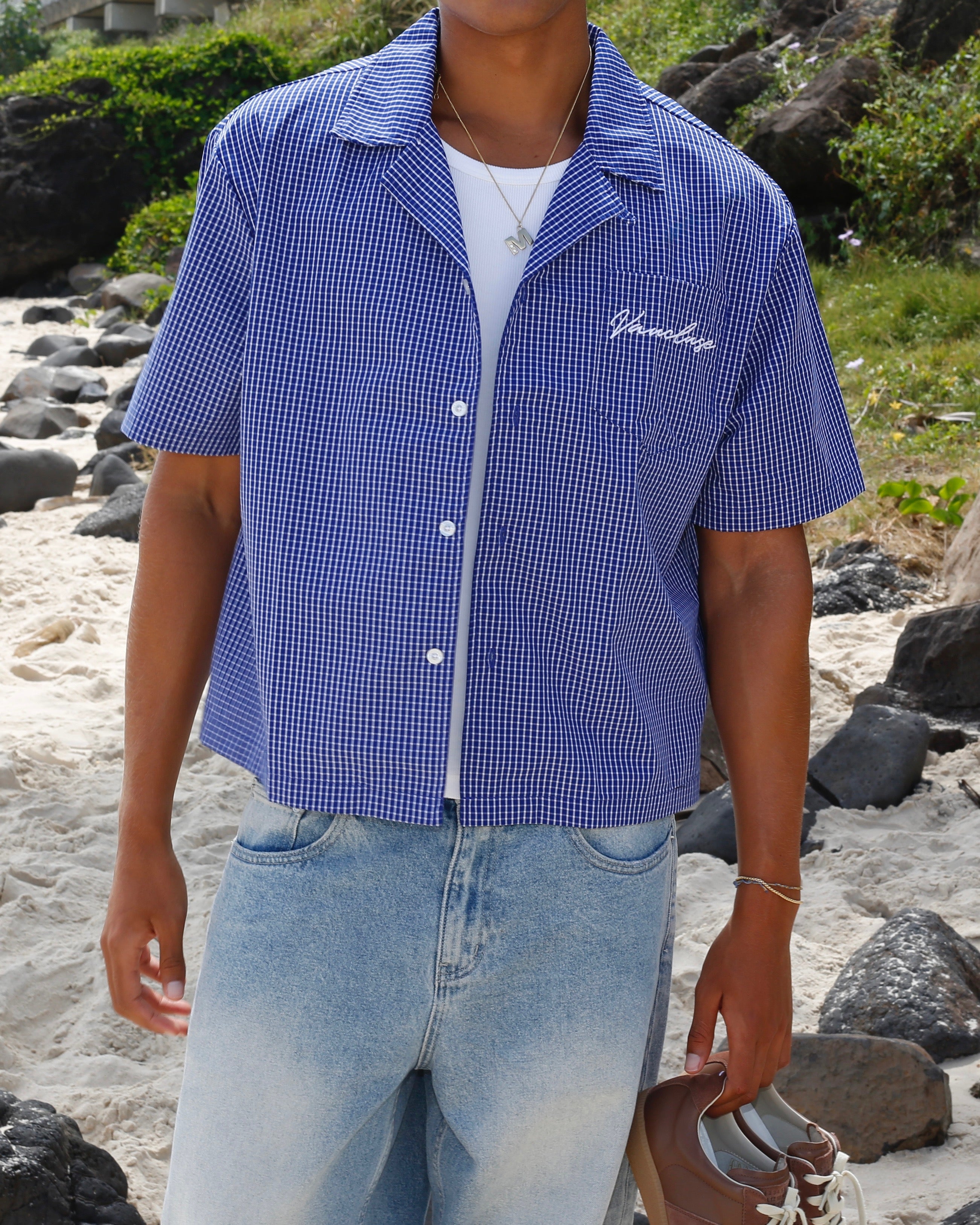 Checkered Signature Short Sleeve Shirt - Deep Blue/White