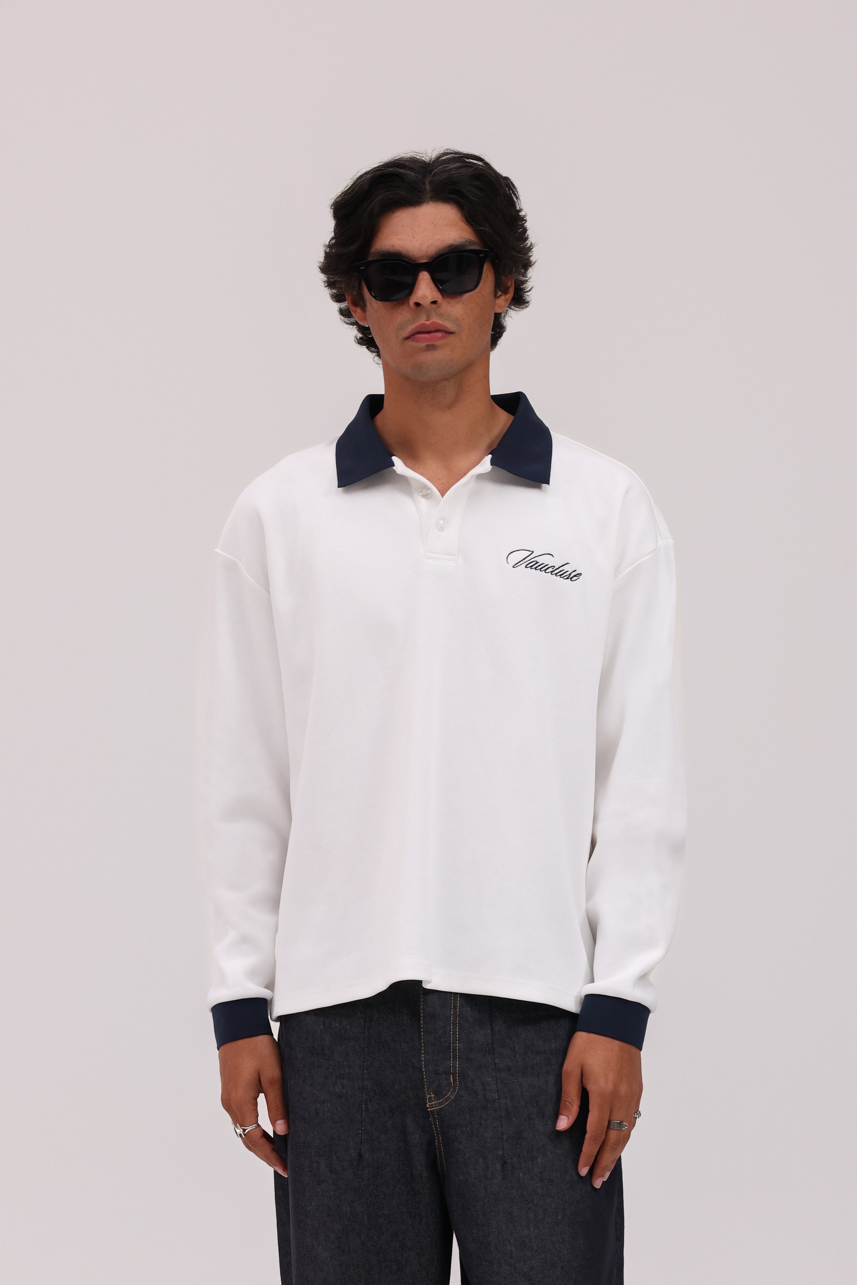 Signature Long Sleeve Polo Shirt - White/Navy