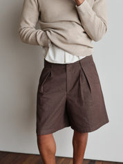 Tailored Double Pleated Shorts - Brown