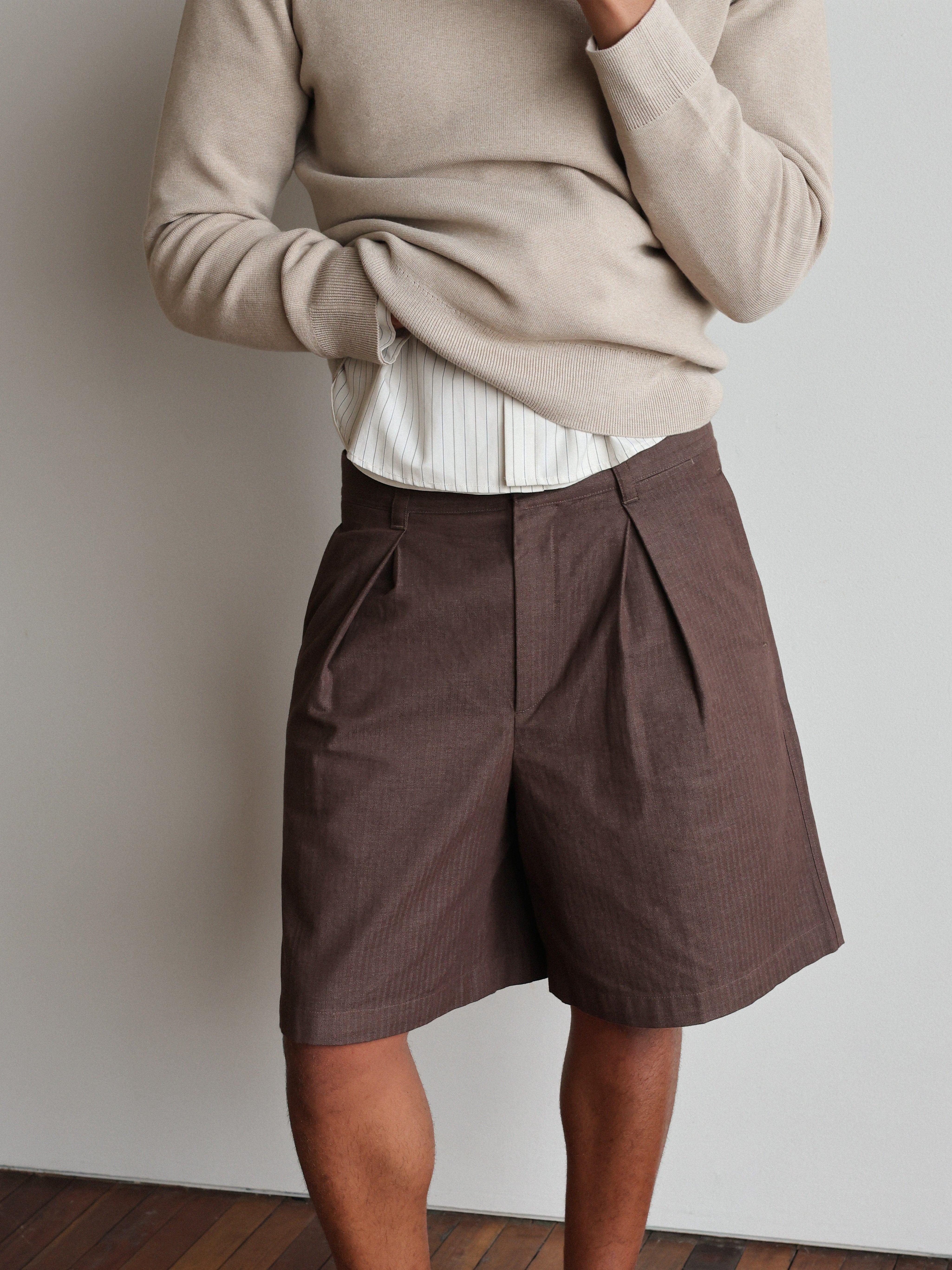 Tailored Double Pleated Shorts - Brown