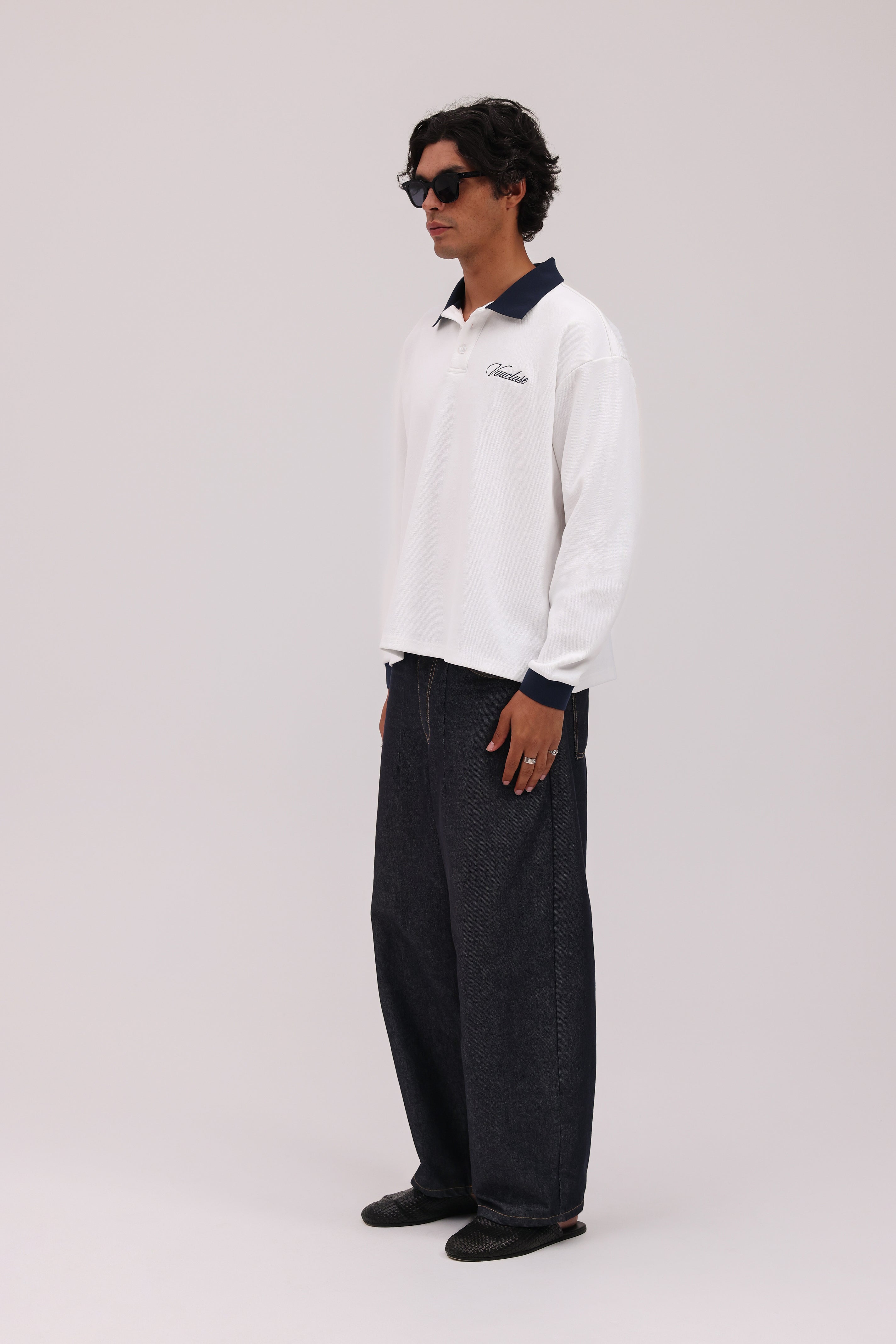 Signature Long Sleeve Polo Shirt - White/Navy
