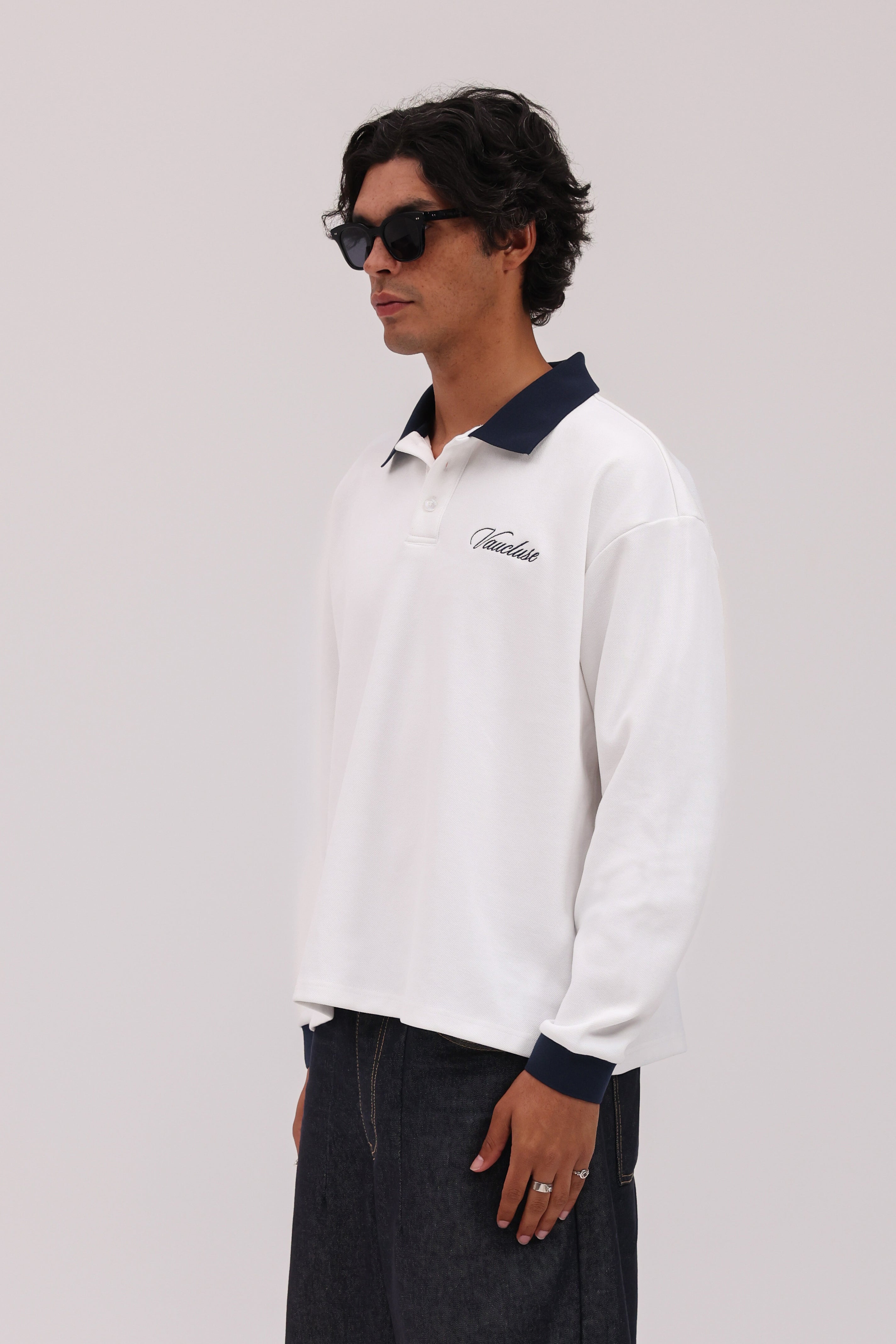 Signature Long Sleeve Polo Shirt - White/Navy