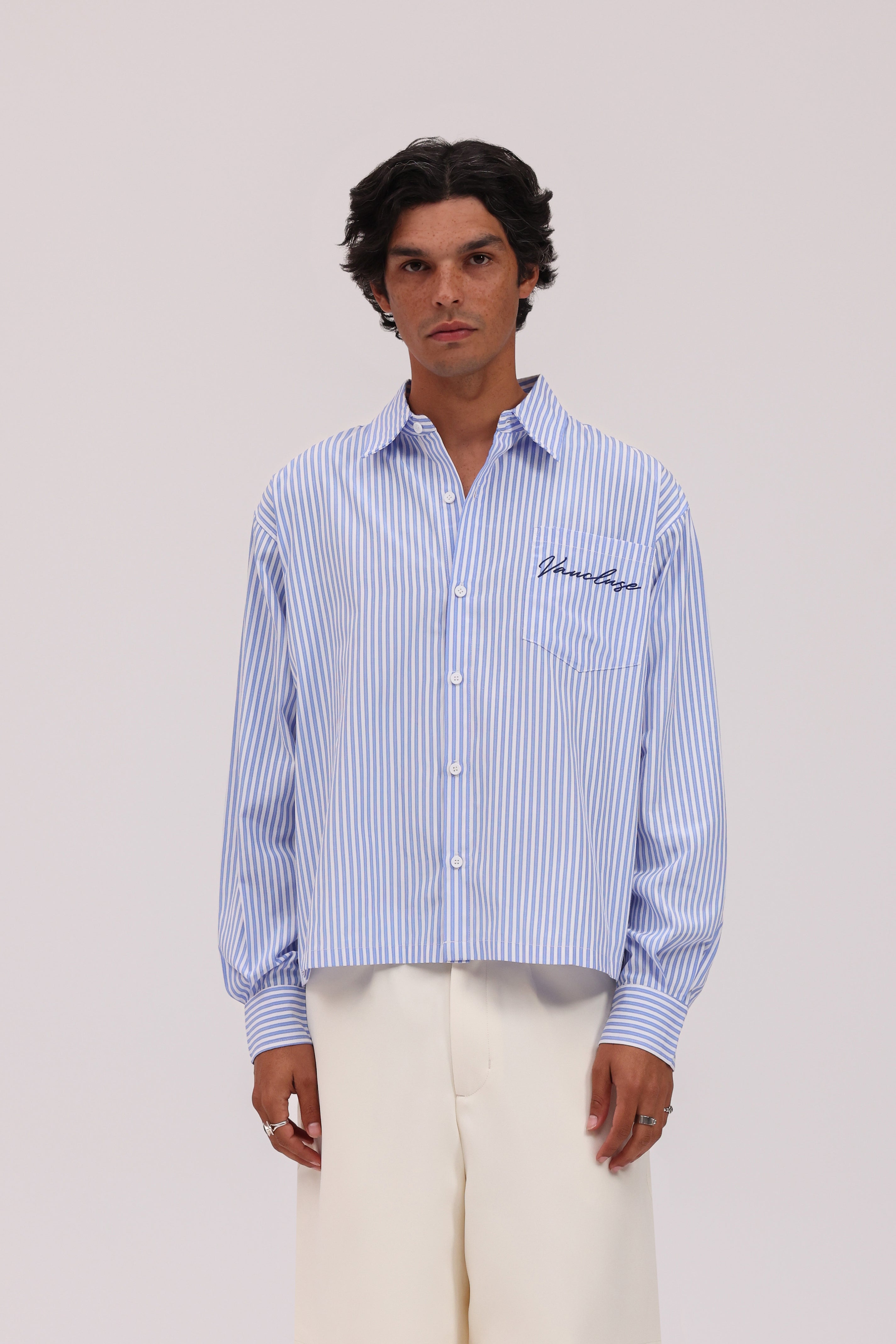 Striped Signature Long Sleeve Shirt - White/Dark Blue