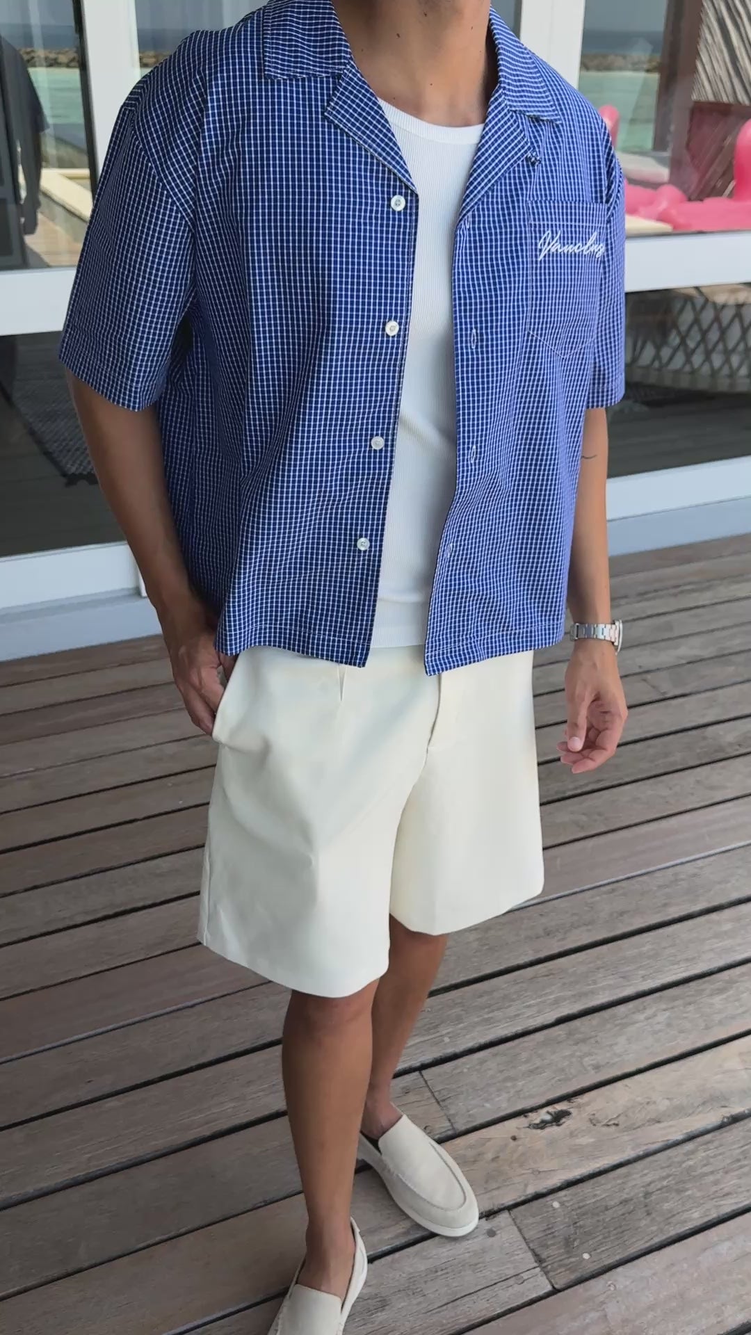 everyone back logo check button-down Ｌ Checkered Signature Short Sleeve Shirt - Deep Blue/White