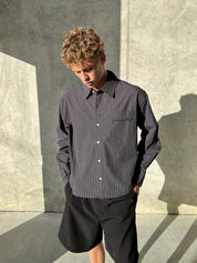 Pinstriped Signature Long Sleeve Shirt - Charcoal/White
