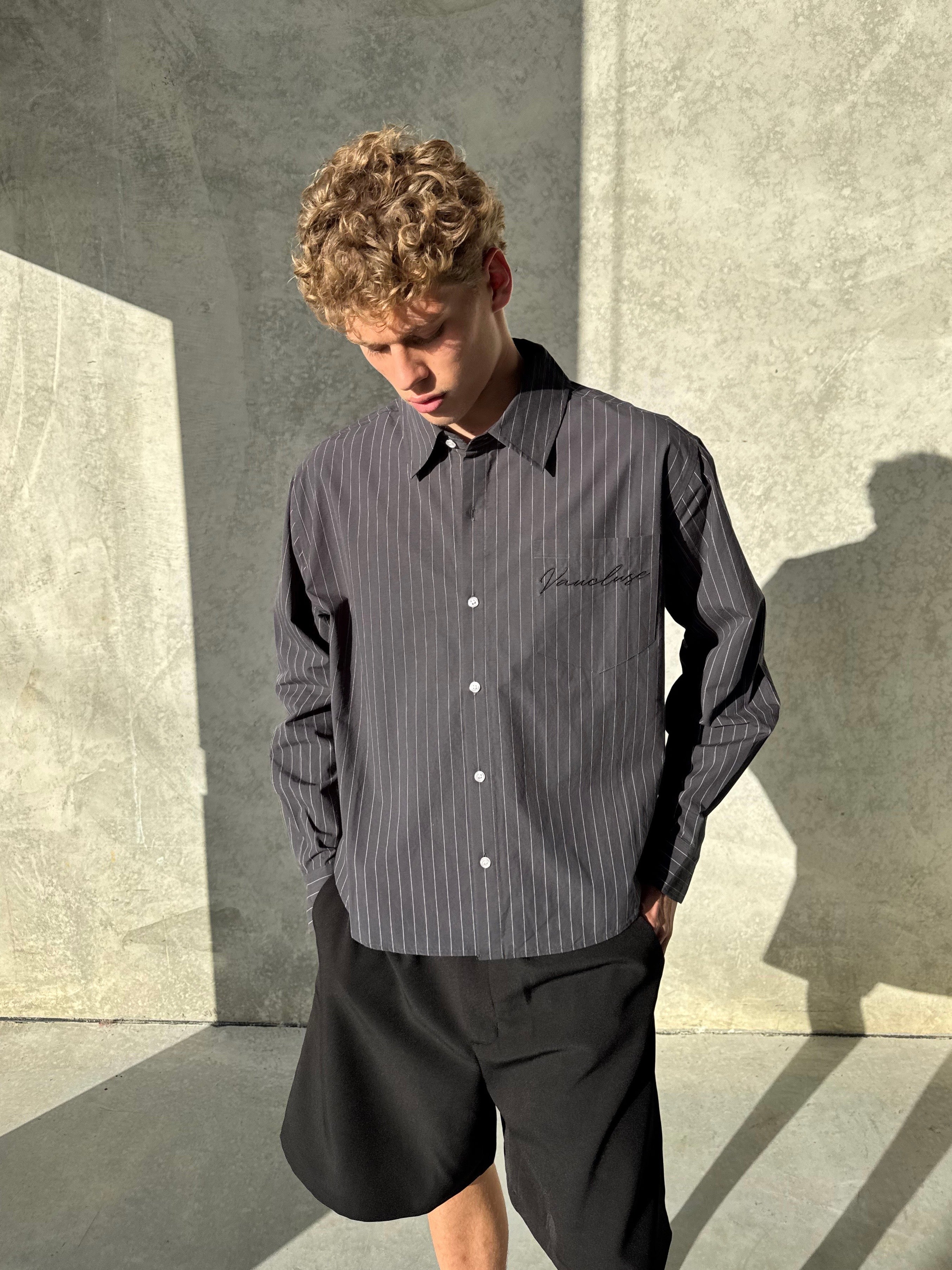 Pinstriped Signature Long Sleeve Shirt - Charcoal/White