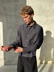 Pinstriped Signature Long Sleeve Shirt - Charcoal/White