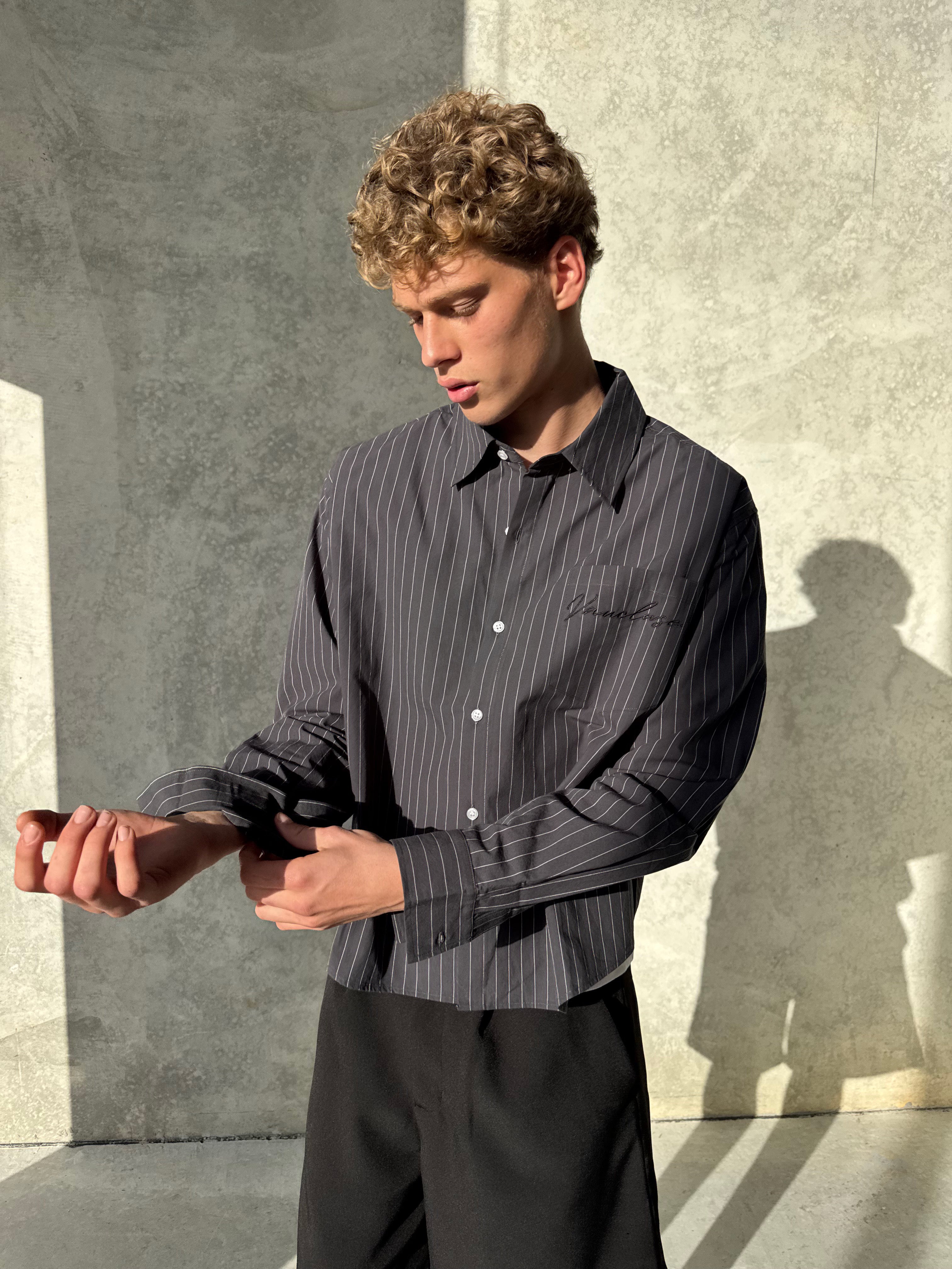 Pinstriped Signature Long Sleeve Shirt - Charcoal/White