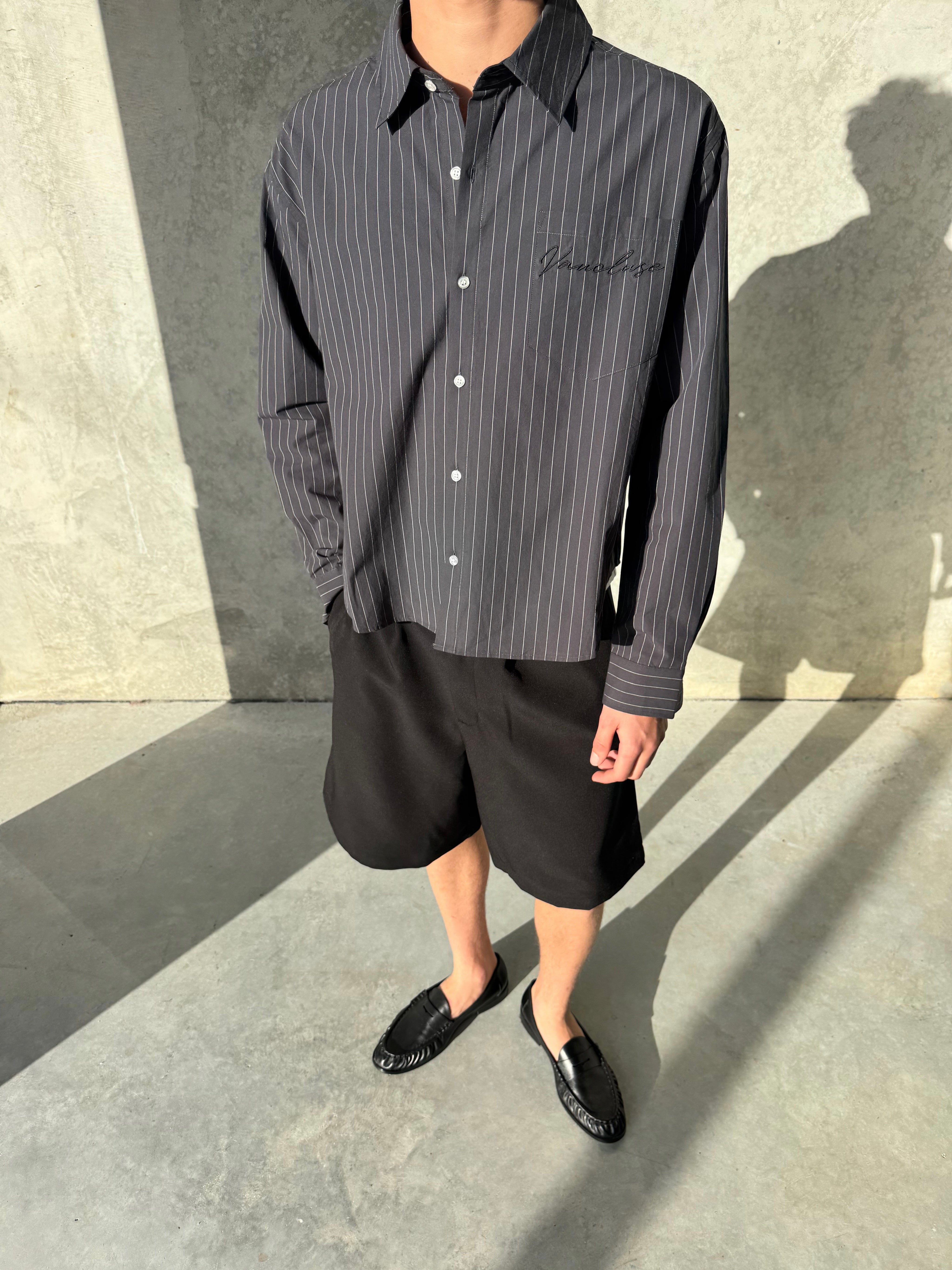 Pinstriped Signature Long Sleeve Shirt - Charcoal/White