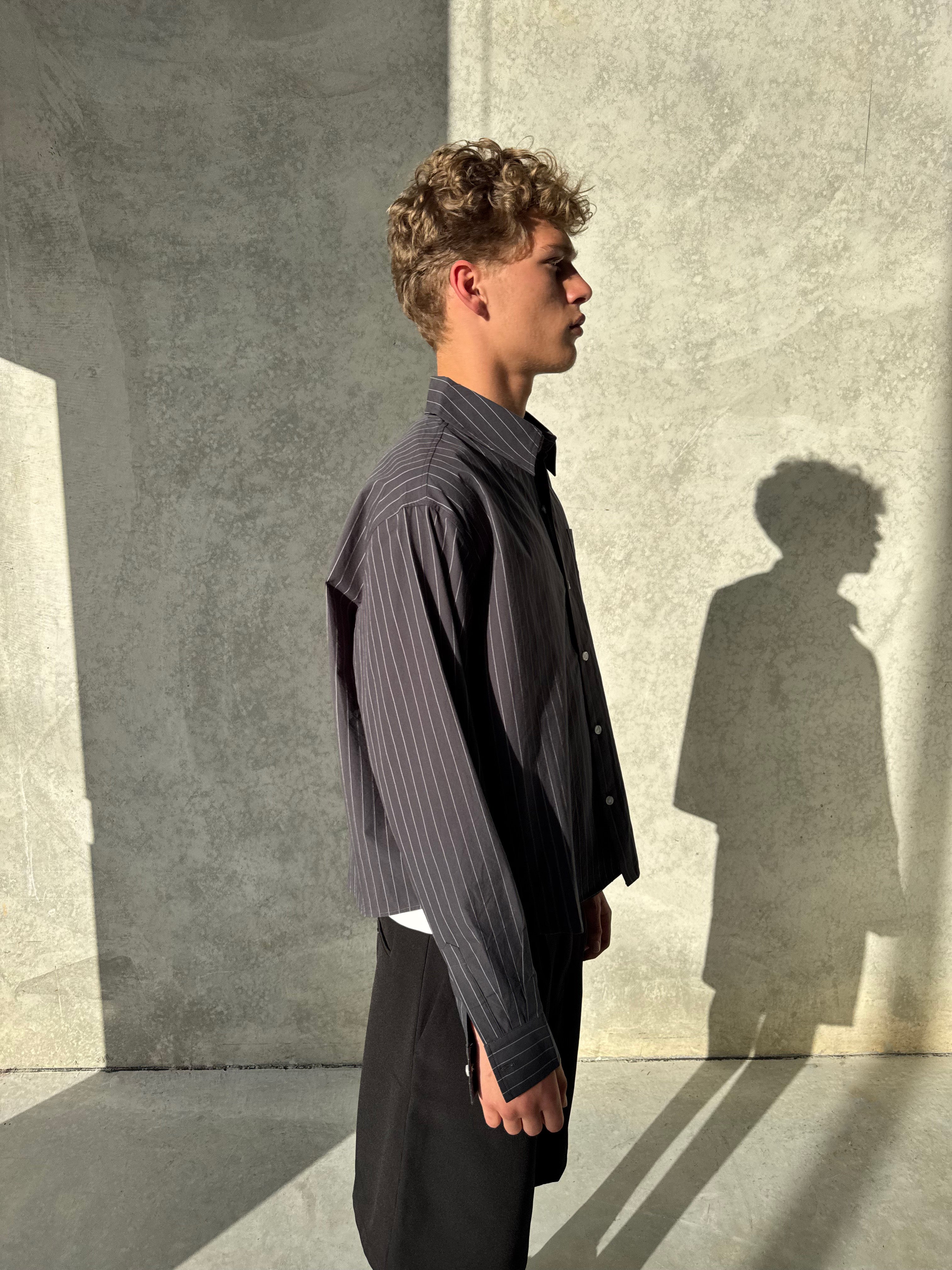 Pinstriped Signature Long Sleeve Shirt - Charcoal/White