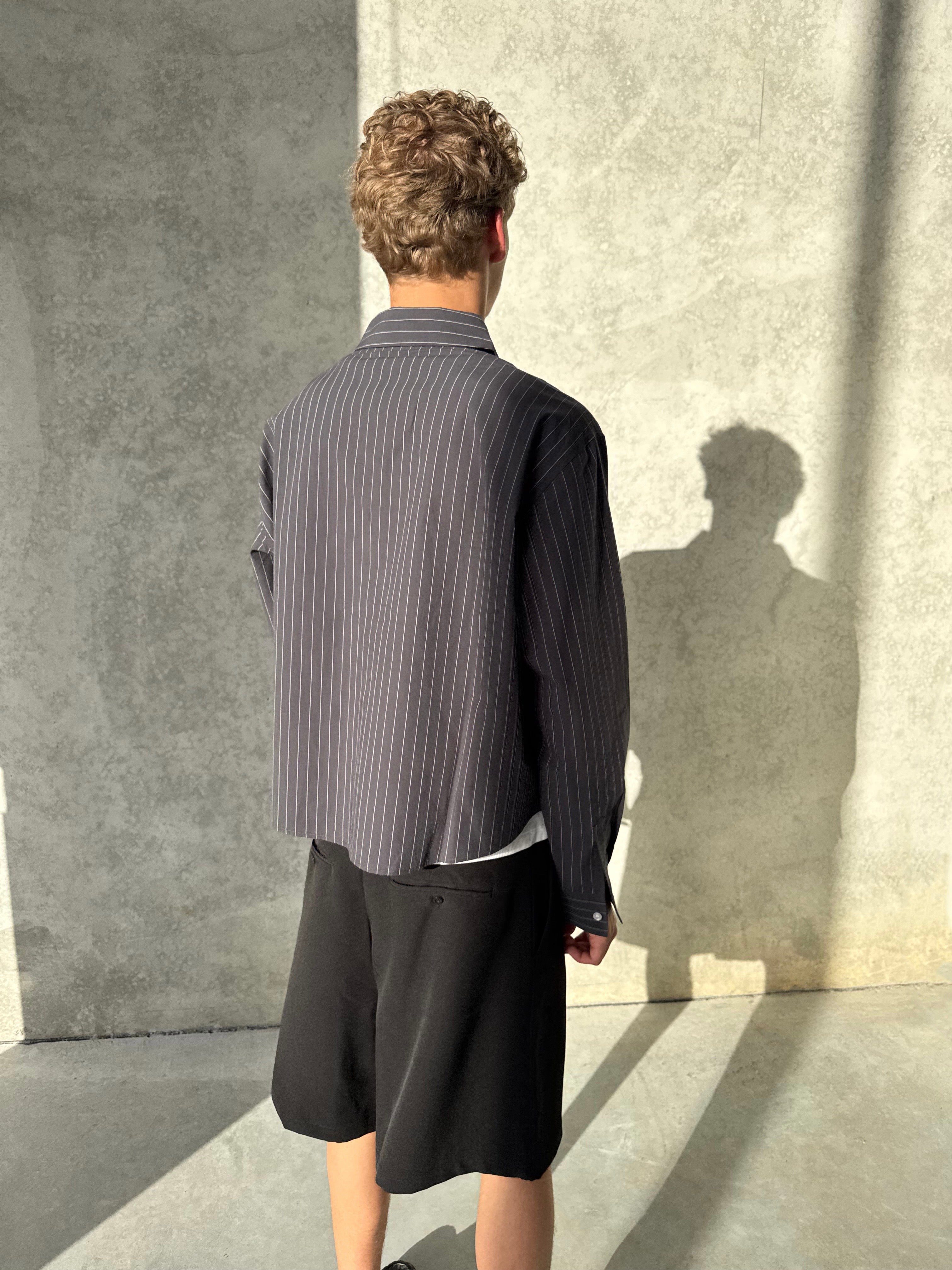 Pinstriped Signature Long Sleeve Shirt - Charcoal/White